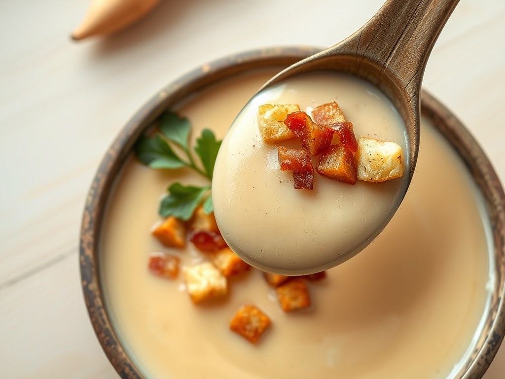 Pastinaaksoep met spekjes en croutons, AI-gegenereerde illustratie