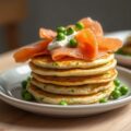 Pea pancakes with smoked salmon and creme fraiche.