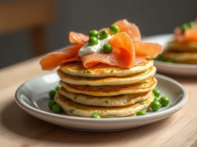 Pea pancakes with smoked salmon and creme fraiche.