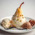 Peer in een jasje van witte chocolade met pistache