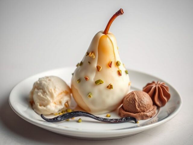 Peer in een jasje van witte chocolade met pistache