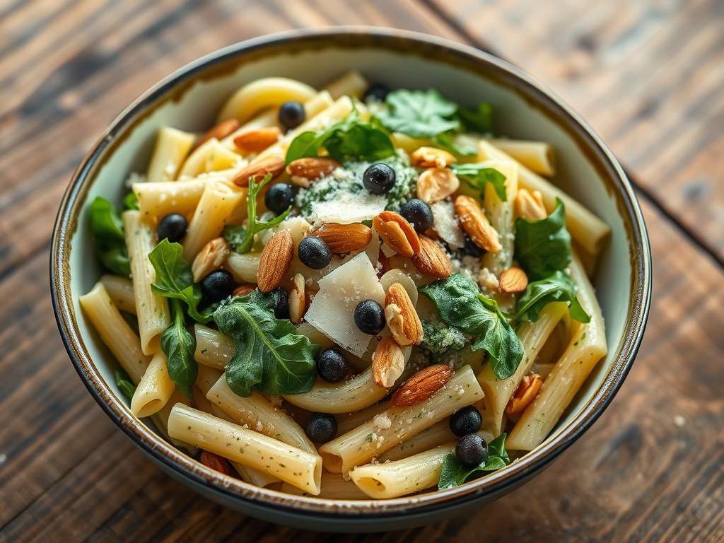 Penne met amandelpesto, AI-gegenereerde illustratie