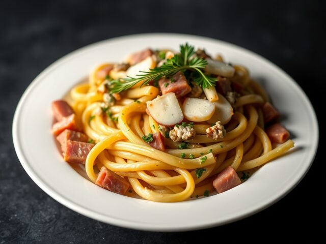 Penne met asperges en ham — AI-gegenereerde illustratie
