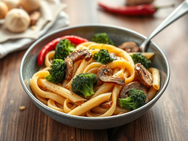 Penne met broccoli, champignons en ansjovis — AI-gegenereerde illustratie