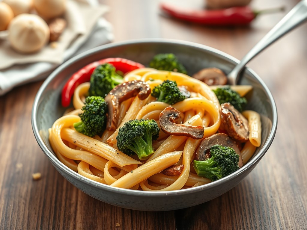 Penne met broccoli, champignons en ansjovis, AI-gegenereerde illustratie