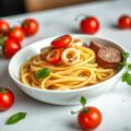 Penne met inktvis, worst en tomaatjes