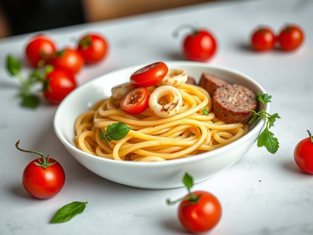 Penne met inktvis, worst en tomaatjes