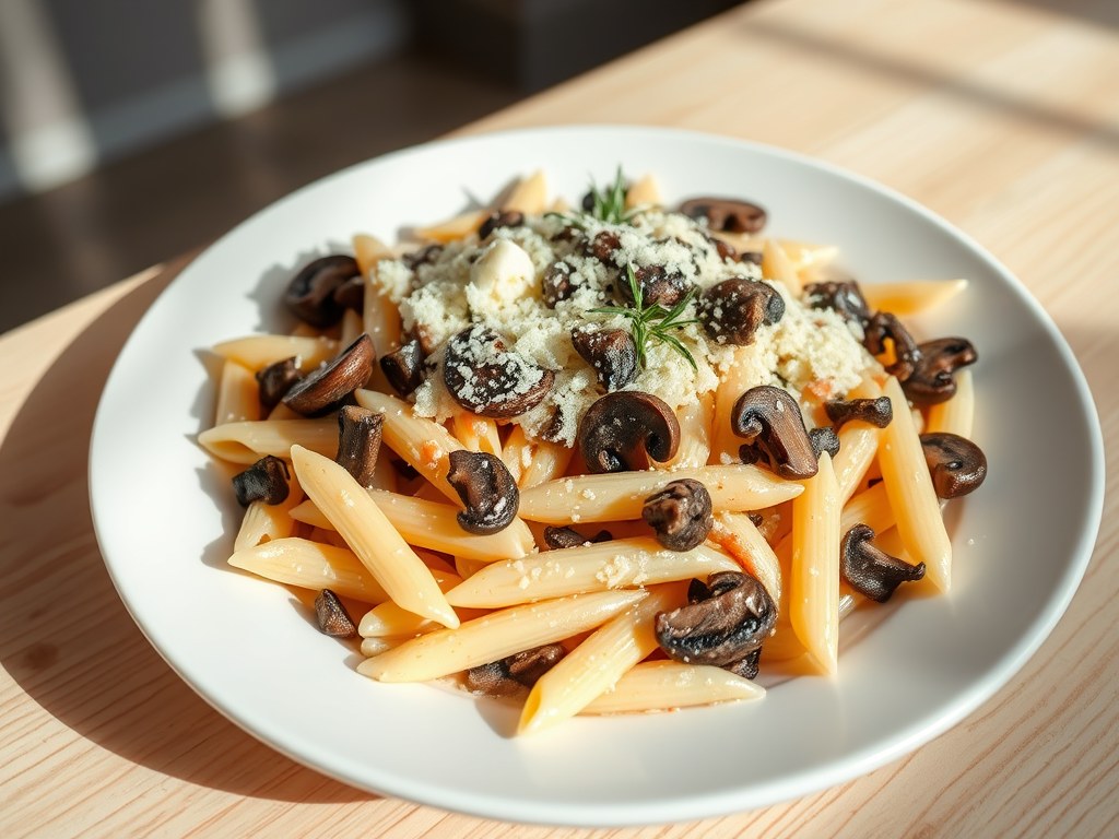 Penne met kaas en eekhoorntjesbrood, AI-gegenereerde illustratie