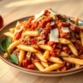 Penne met kalkoenragù in tomatensaus