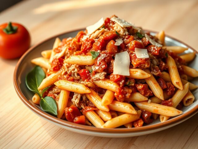 Penne met kalkoenragù in tomatensaus