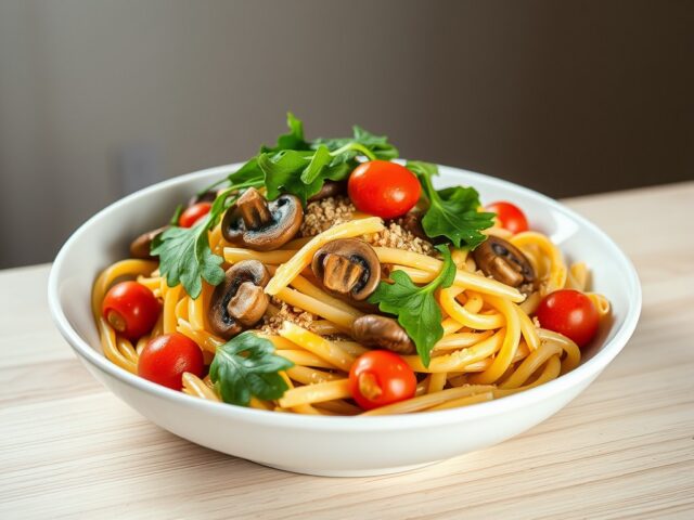 Penne met kastanjechampignons en rucola