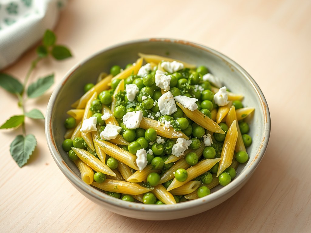 Penne met muntsaus en geitenkaas, AI-gegenereerde illustratie