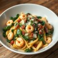 Penne met spinazie en scampi’s