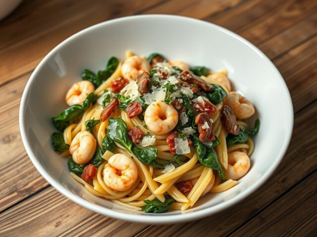 Penne met spinazie en scampi’s