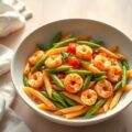 Penne met sugarsnaps, tomaat en Hollandse garnalen