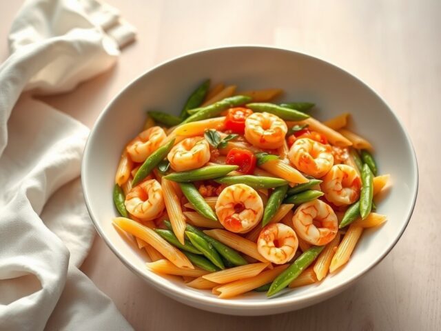 Penne met sugarsnaps, tomaat en Hollandse garnalen