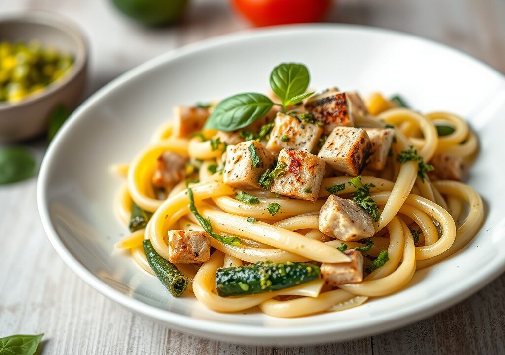 Penne met tonijn, courgette, basilicumpesto en pijnboompitten, AI-gegenereerde illustratie