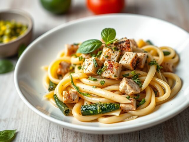 Penne met tonijn, courgette, basilicumpesto en pijnboompitten