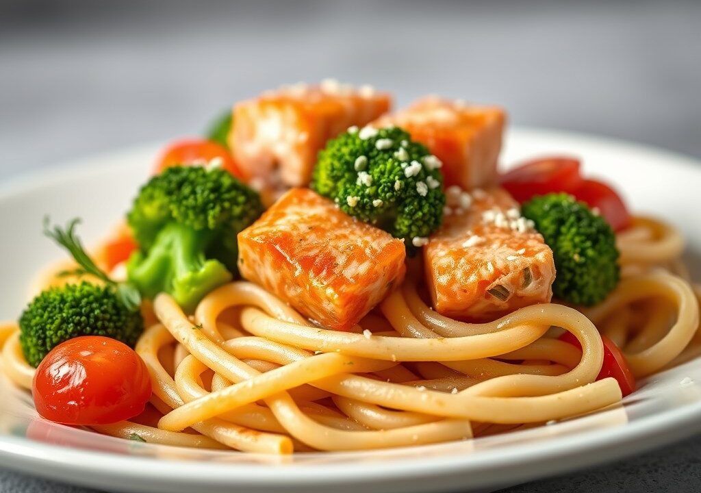 Penne met zalm en broccoli, AI-gegenereerde illustratie