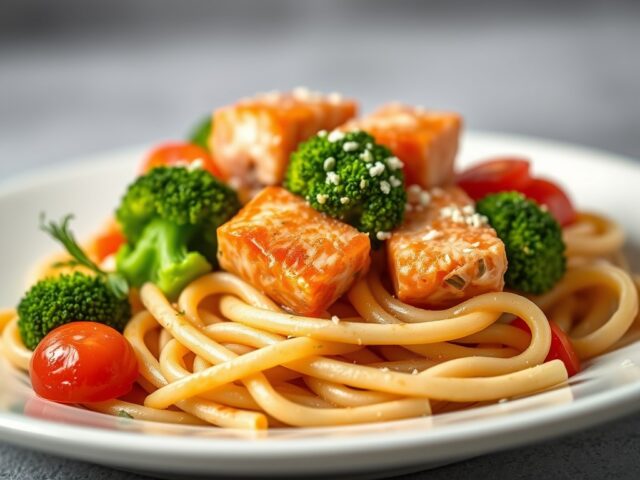 Penne met zalm en broccoli — AI-gegenereerde illustratie