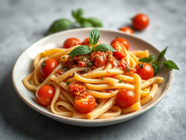 Penne met zoete tomatensaus — AI-gegenereerde illustratie