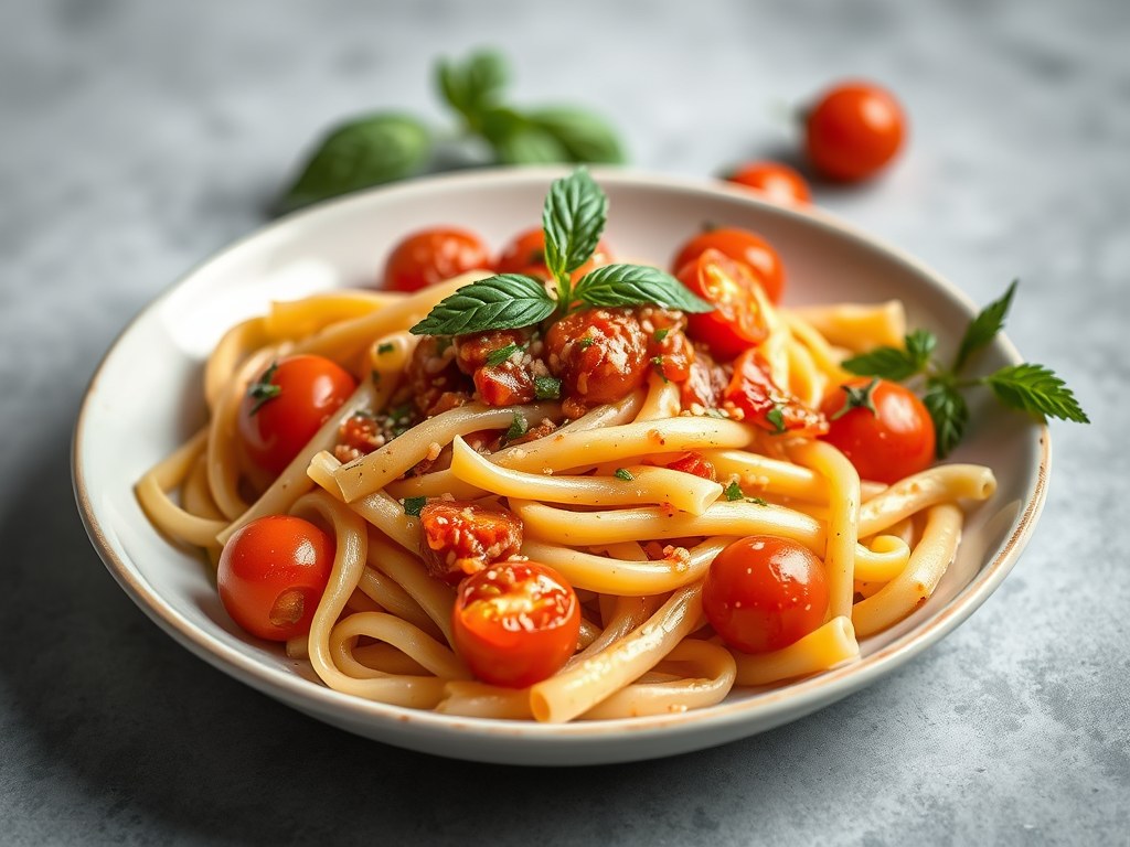 Penne met zoete tomatensaus, AI-gegenereerde illustratie