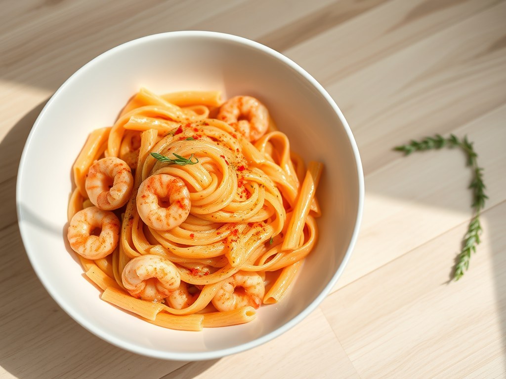 Penne rigate met chiligarnalen, AI-gegenereerde illustratie