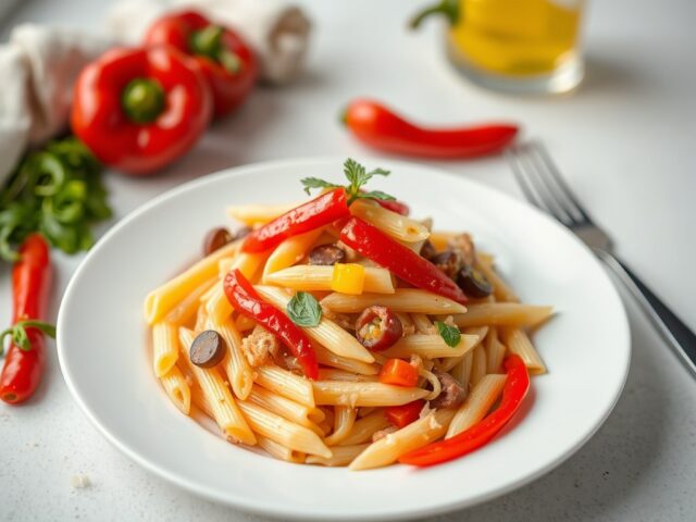 Pennepasta met gestoofde paprika en worstjes