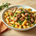 Pennette met saucijs en doperwtjes