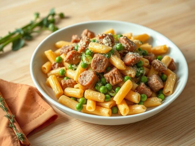 Pennette met saucijs en doperwtjes