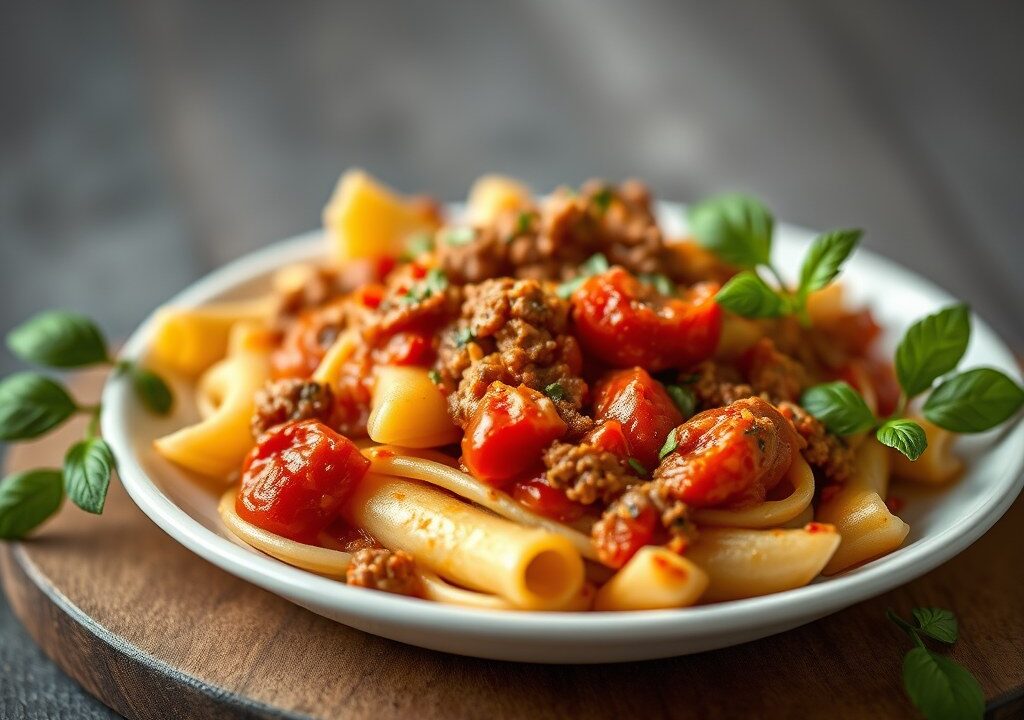 Pennette met tomatensaus, AI-gegenereerde illustratie