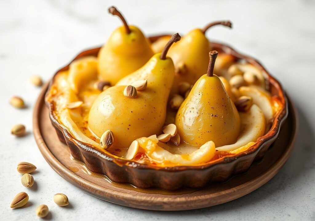 Perengratin met pistache noten, AI-gegenereerde illustratie