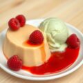 Perzikbavarois met pistache-ijs en frambozensaus