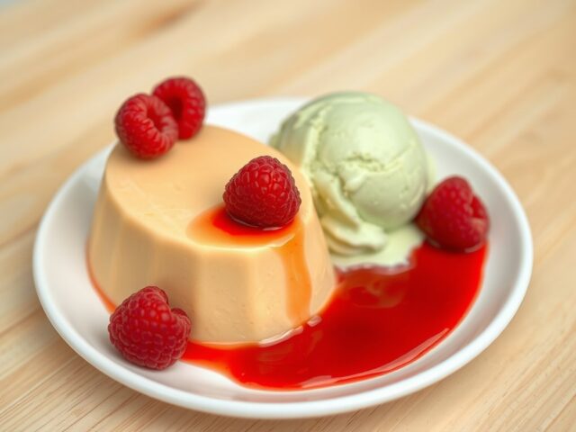 Perzikbavarois met pistache-ijs en frambozensaus