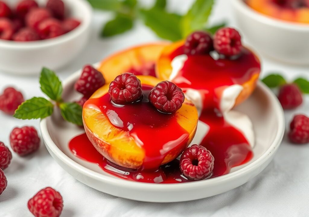 Perziken met frambozencoulis en yoghurt, AI-gegenereerde illustratie