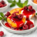 Perziken met frambozencoulis en yoghurt