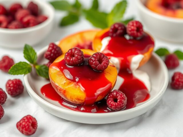 Perziken met frambozencoulis en yoghurt
