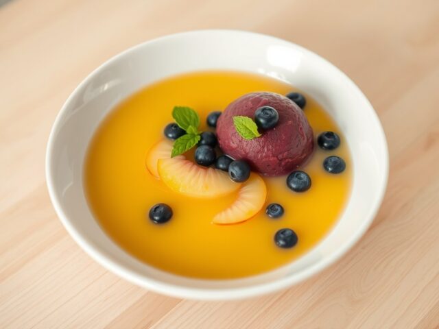 Perzikensoep met bosbessensorbet en verse bosbesse