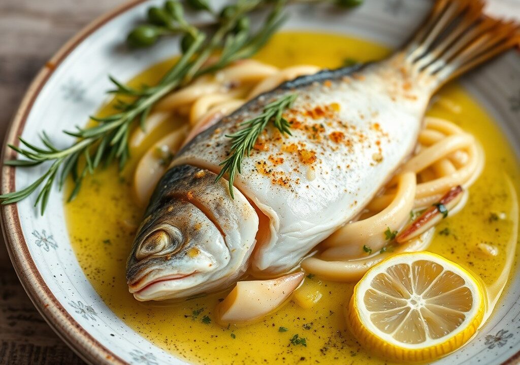 Pesce Spada in Salmoriglio Vis in olijfolie saus, AI-gegenereerde illustratie