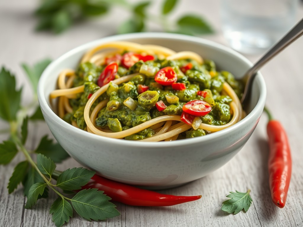 Pesto-Pastasaus, AI-gegenereerde illustratie