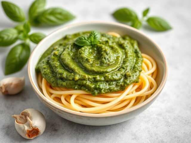 Pesto perfecto (saus voor door de pasta) — AI-gegenereerde illustratie