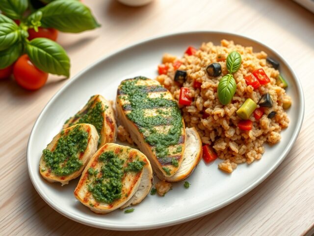 Pestokip met ratatouille-rijst