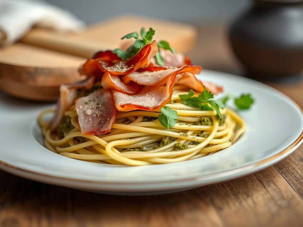 Pestospaghetti met rucola en krokante ham, AI-gegenereerde illustratie