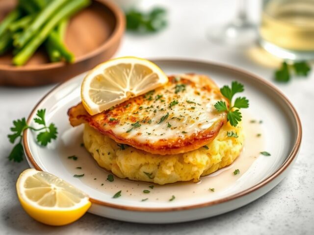 Piccata al limone met aardappeltaart en groene asperges