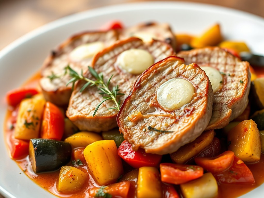Piccata van lamsrug met ratatouille, AI-gegenereerde illustratie