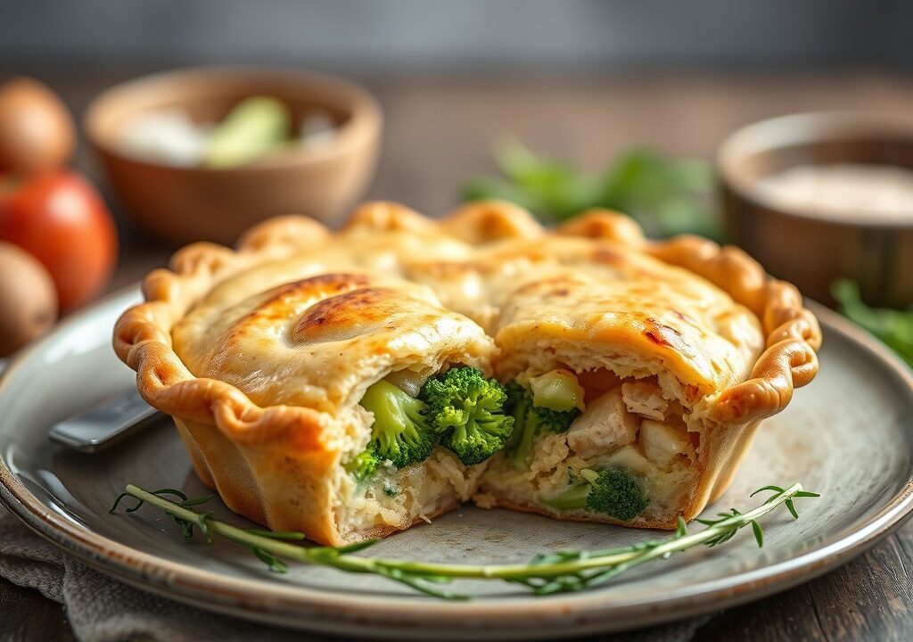 Pie met kip en broccoli, AI-gegenereerde illustratie