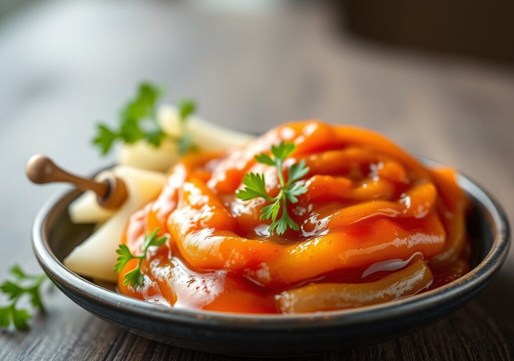 Pikant-zoete pruimenketchup, AI-gegenereerde illustratie