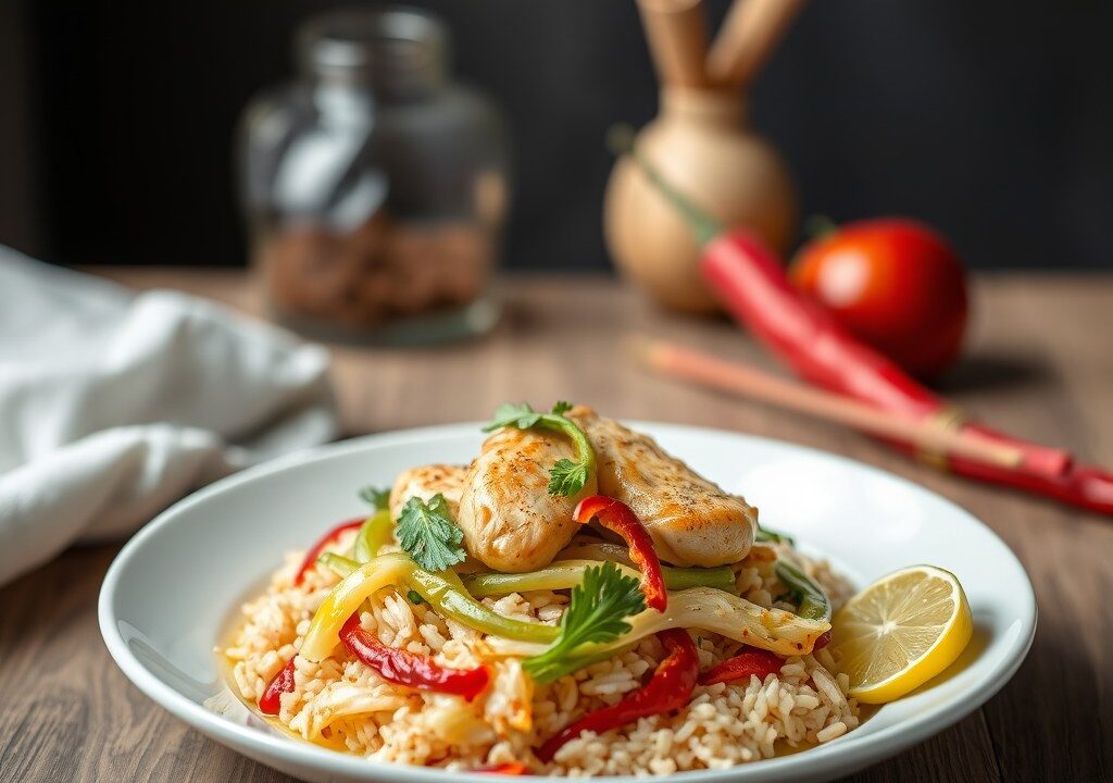 Pikante Chinese kool met kipfilet — AI-gegenereerde illustratie