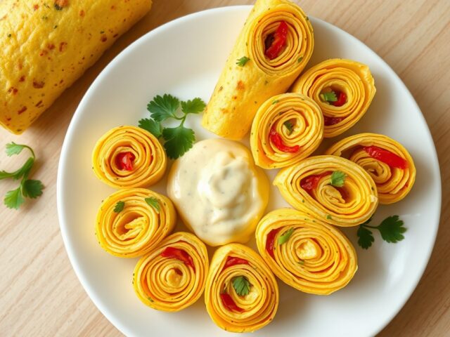 Pikante omeletrolletjes met geroosterde paprika