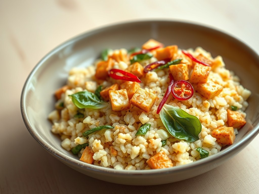 Pikante tempé en andijvie-pastinaakrisotto, AI-gegenereerde illustratie